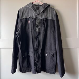 Lira Originals Full Zip Button Jacket Men XL Black Gray Colorblock Hooded Skater